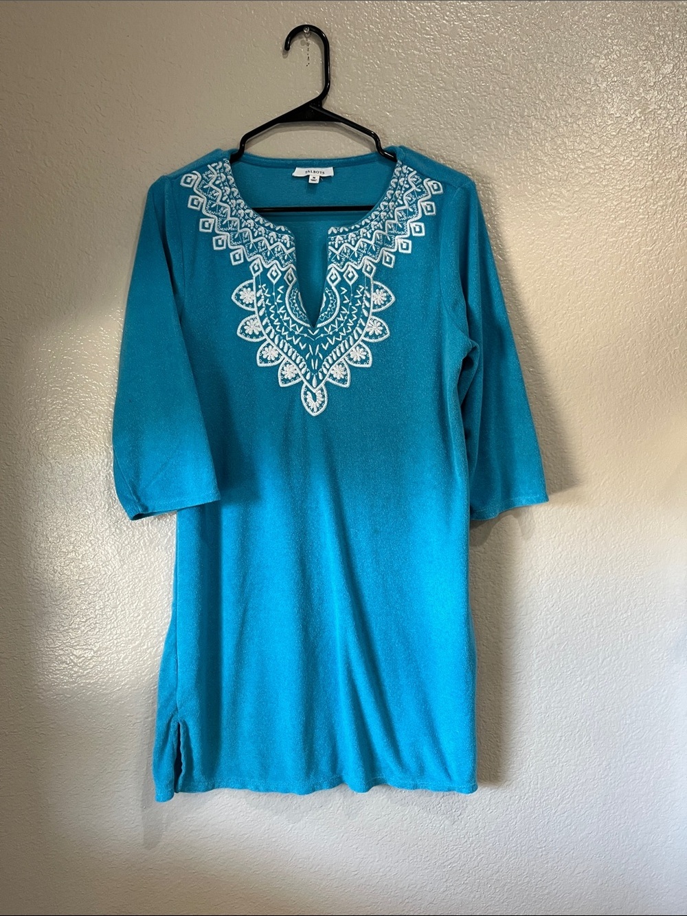 Talbots Teal White Embroidered Women's Tunic Sz M Cover up Summer Resort Wear